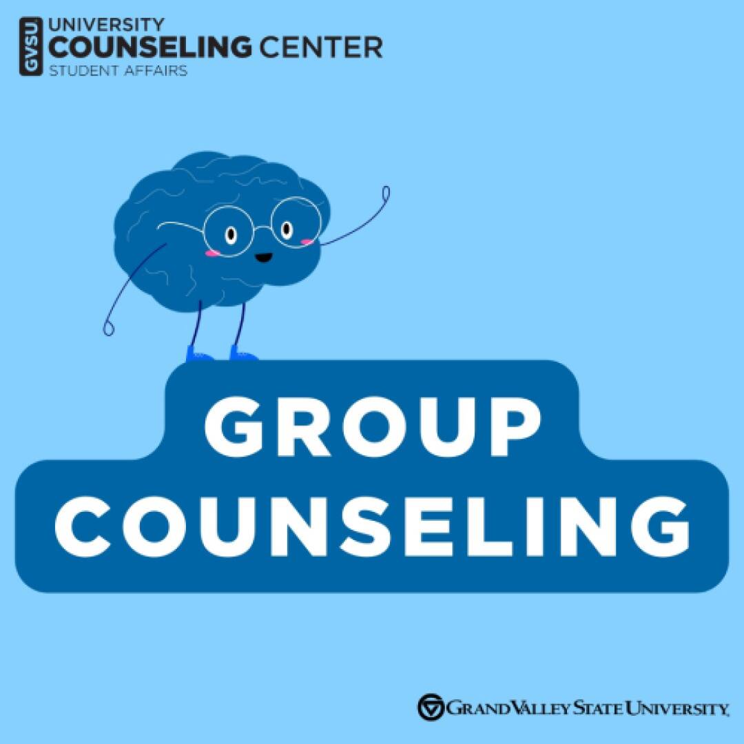 Light blue background with a blue banner that says "group counseling" and a blue brain standing on top smiling.